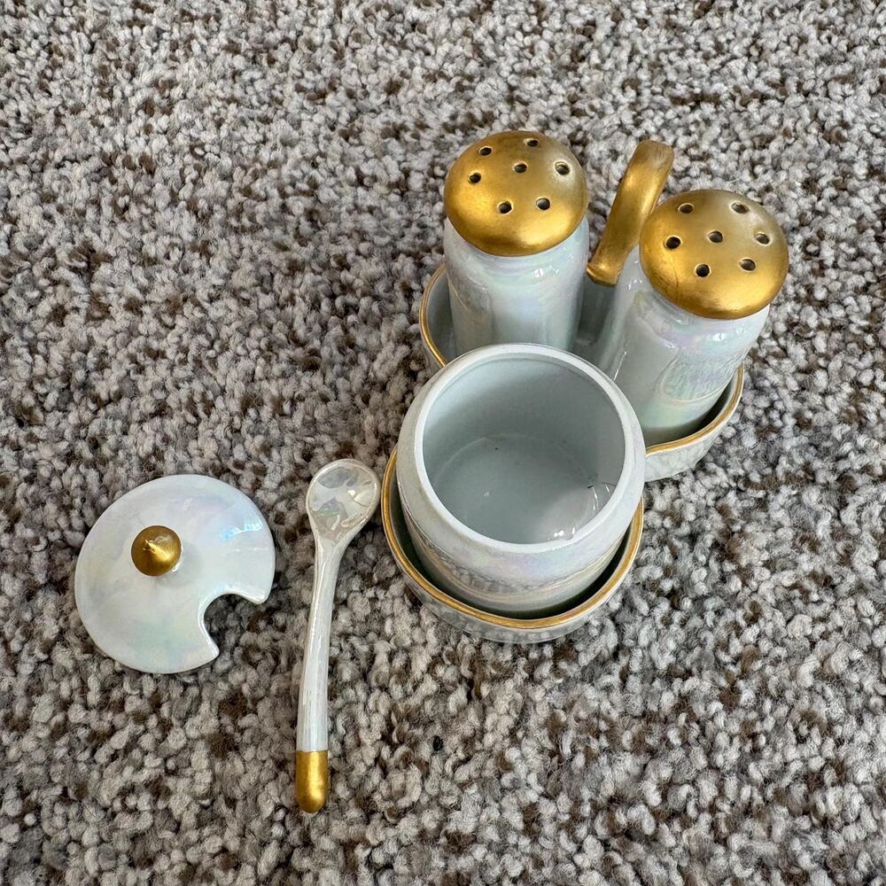 Vintage Japan Made Condiment Set Porcelain with Gold Encrusted Tray